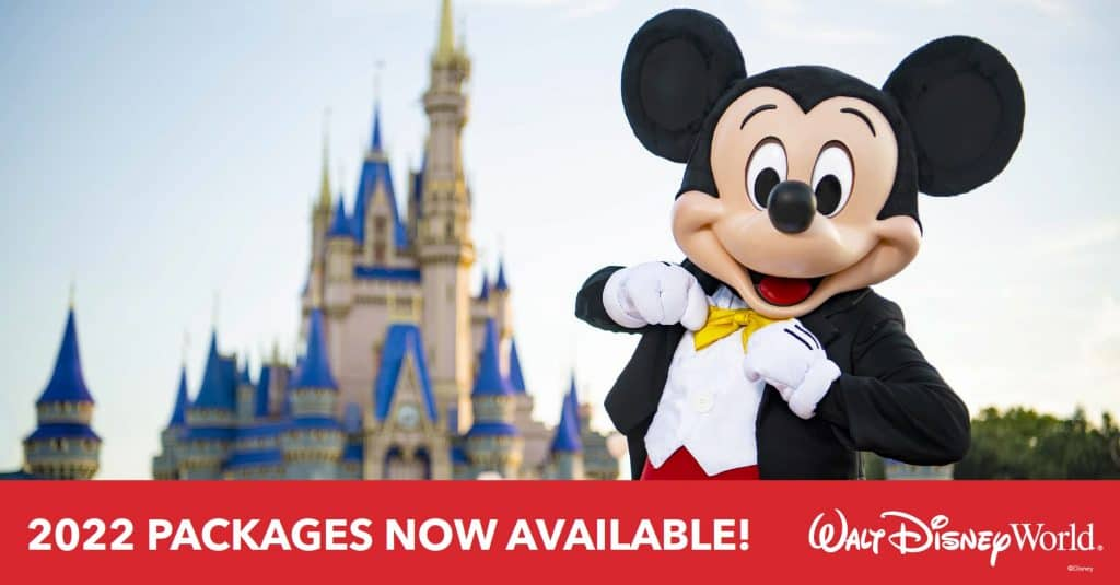 Mickey Mouse and Walt Disney World Castle announcing 2022 packages now available