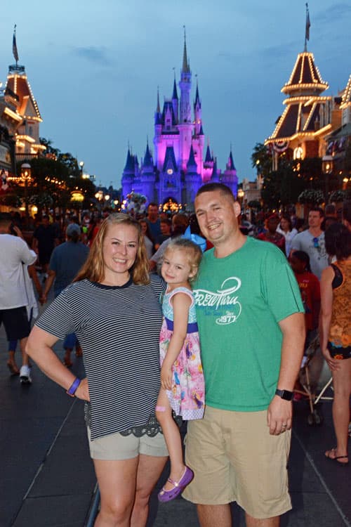 Amanda Smith and Family from Favorite Grampy Travels standing on Main Street USA in the Magic Kingdom at Walt Disney World f