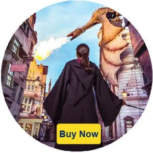 AD to buy Universal Tickets. Girl in wizard robe entering Wizarding World and sees fire breathing dragon; big yellow buy now button.