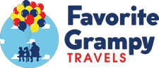 Favorite Grampy Travels Logo - silhouette of an adult and two children sitting on a bench and carried with balloons into the sky