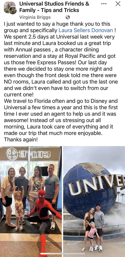 Stellar Facebook review for a Travel Agent from Favorite Grampy Travels, Laura Sellers Donovan. The review says, "...this is the first time I ever used an agent to help us and it was awesome!"