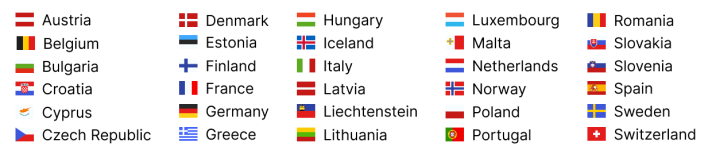 Flags and list of Schengen Counties where Travel Authorizations are needed.