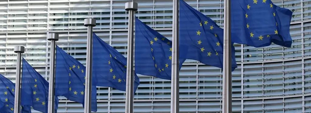 Several European Union Flags in front a building.