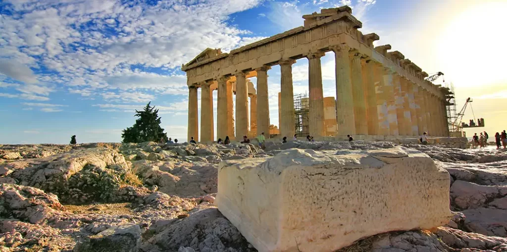 The Parthenon sitting on a hill overlooking Athens Greece.