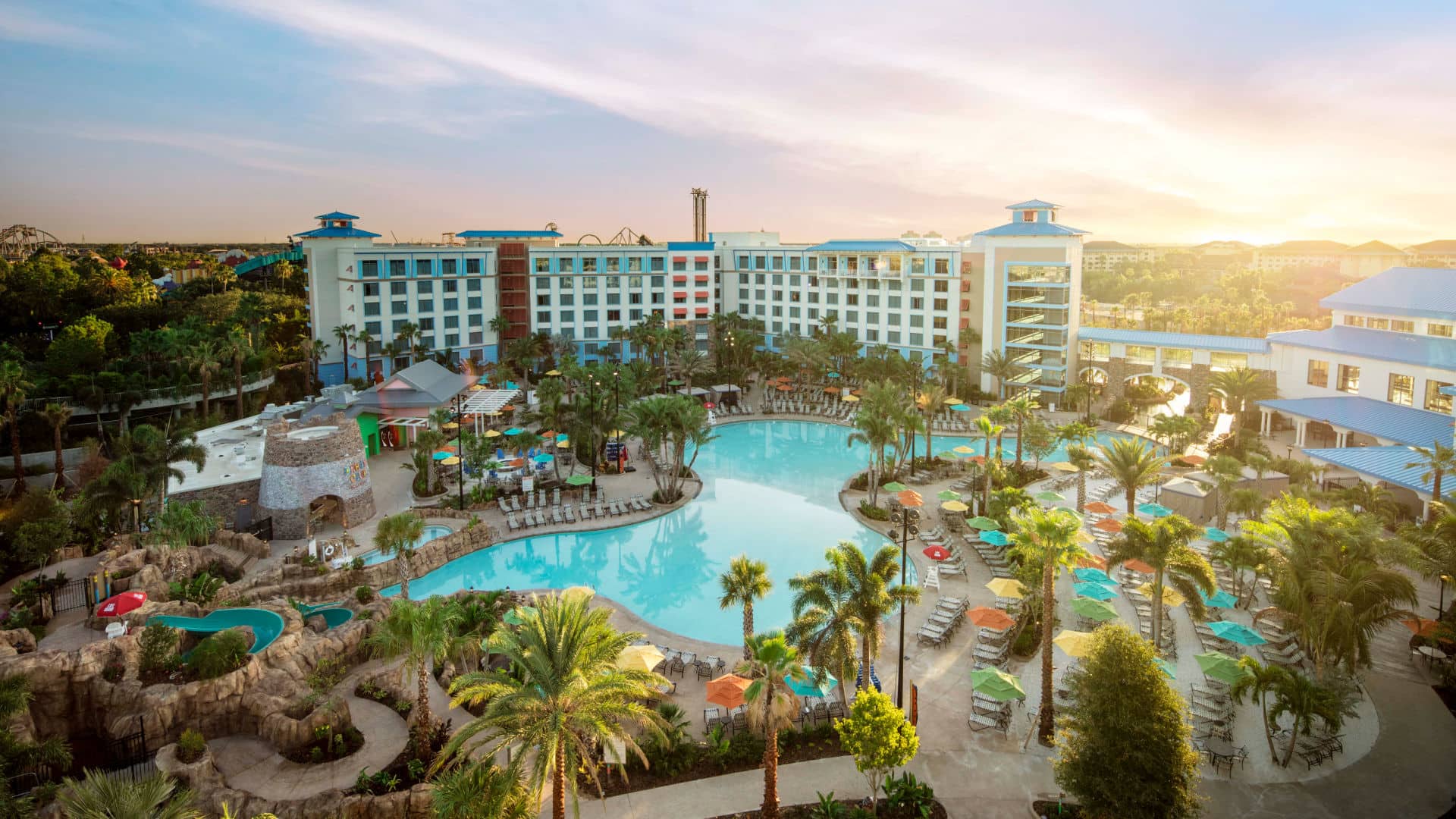 Universal Orlando Resort Loews Sapphire Falls Resort at Sunrise Aerial View