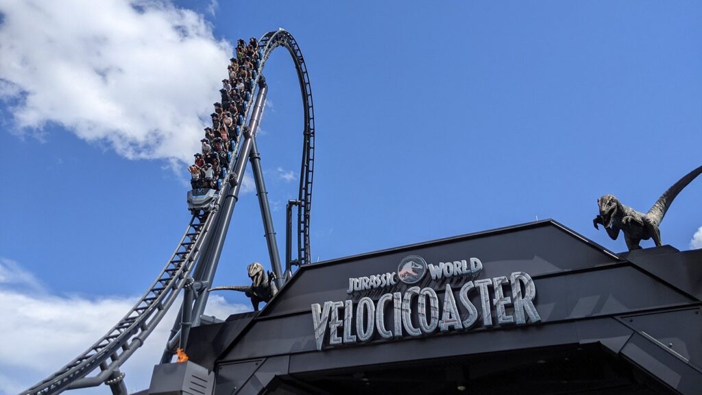 Jurassic World Velocicoaster Front Entrance with Coaster Drop - Favorite Grampy Travels 2026