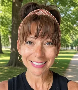 Smiling woman named Nicole Damiano with brown hair, bangs, and a patterned headband stands outdoors in a park with green trees and sunlight. She is wearing hoop earrings, a sleeveless black top, and a gold necklace. She is a travel agent with Favorite Grampy Travels.
