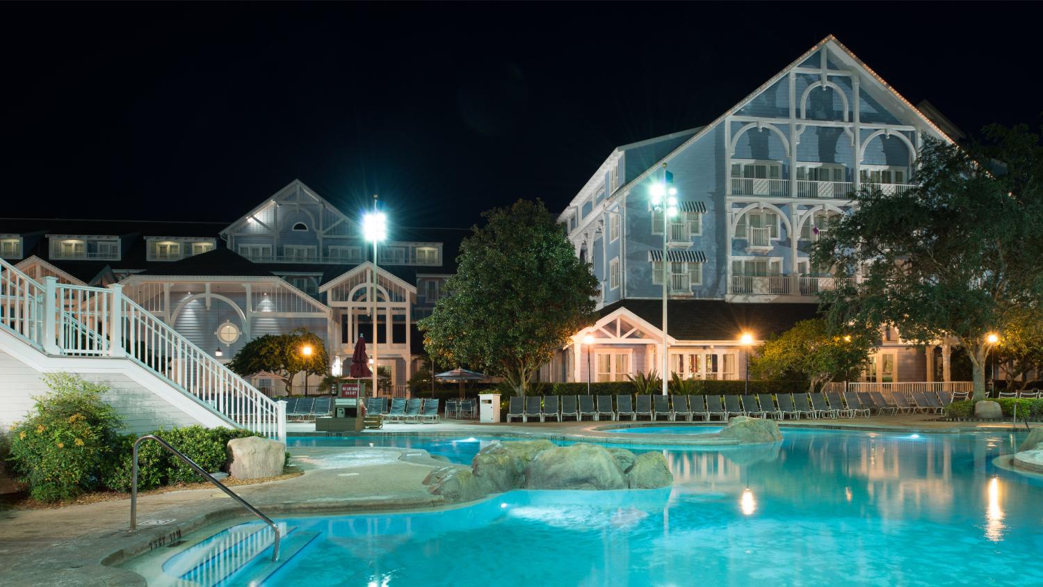 Stormalong Bay pool at Disney's Beach Club Resort at night