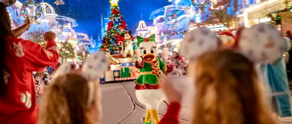 Cinderella Castle lit for the holidays during Mickeys Very Merry Christmas Party
