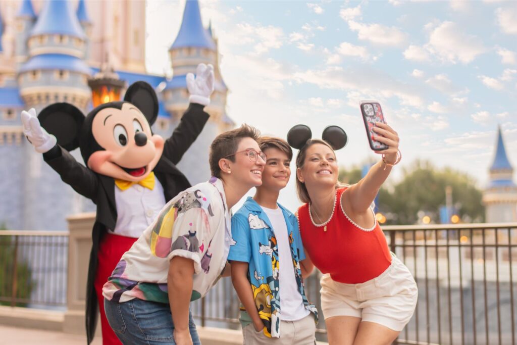 Walt Disney World Guests Taking Picture with Mickey in front of Castle