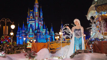 Elsa greeting guests at Mickeys Very Merry Christmas Party in Magic Kingdom