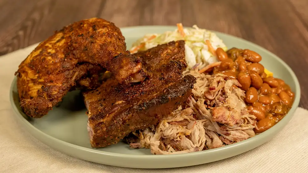 Flame Tree Barbecue Ribs, Chicken, and Pulled Pork Combo Platter at Disney Animal Kingdom Theme Park Walt Disney World