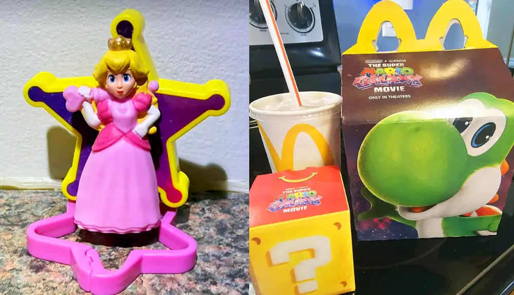 a Princess Peach Toy Stands on a Counter Beside a Mcdonalds Happy Meal, a Drink with a Straw, Fries Box, and a Super Mario-themed Box Featuring Yoshi's face—perfect for any Super Mario Galaxy Movie fan. - Favorite Grampy Travels