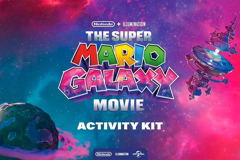 Colorful Space-themed Poster with the Text the Super Mario Galaxy Movie Activity Kit in Bold Letters. Featuring Logos for Nintendo, Illumination, and Universal, This Family Movie Poster Has Planets and a Space Station on Each Side. - Favorite Grampy Travels