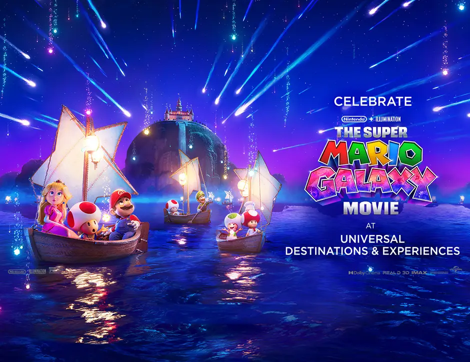 Mario, Princess Peach, Toad, and Others Sail on Glowing Boats Across a Vibrant Blue Sea Under a Starry Sky in the Super Mario Galaxy Movie—a Perfect Family Movie Experience at Universal Destinations & Experiences. - Favorite Grampy Travels