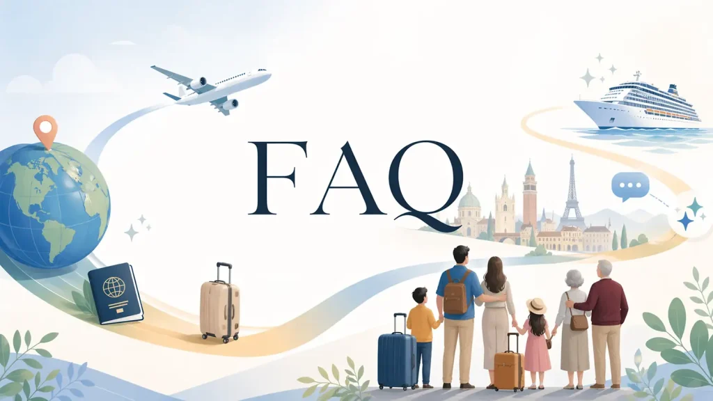 Illustration of a Family with Luggage Looking at Travel Icons, Including an Airplane, Cruise Ship, Globe, Passport, and Famous Landmarks, with Faq Text in the Center. - Favorite Grampy Travels