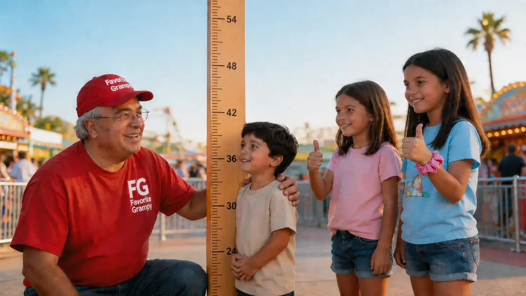 an Older Man, Favorite Grampy, in a Red Hat and Shirt Kneels Beside a Carnival Height Chart, Smiling at Three Children. Two Girls Give Thumbs Up While a Younger Boy Stands in Front of the Height Marker, Looking Up and Smiling. Rides Are Visible in the Background. - Favorite Grampy Travels