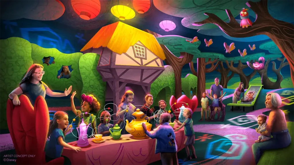 Children and Adults Enjoy a Whimsical, Colorful Tea Party in a Fantasy Forest Setting, with Lanterns, Trees, Magical Effects, and Playful Characters Inspired by Alice in Wonderland. the Location is the Animation Courtyard at Disney - Favorite Grampy Travels 2026's Hollywood Studios in Walt Disney World - Favorite Grampy Travels