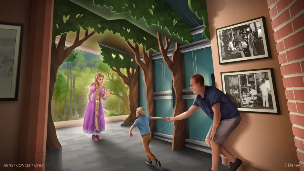 a Man and Child Reach out to Rapunzel, Who is Waving from a Lush Forest-like Area. Black and White Photos Hang on the Wall. the Location is the Animation Courtyard at Disney - Favorite Grampy Travels 2026's Hollywood Studios in Walt Disney World- Favorite Grampy Travels