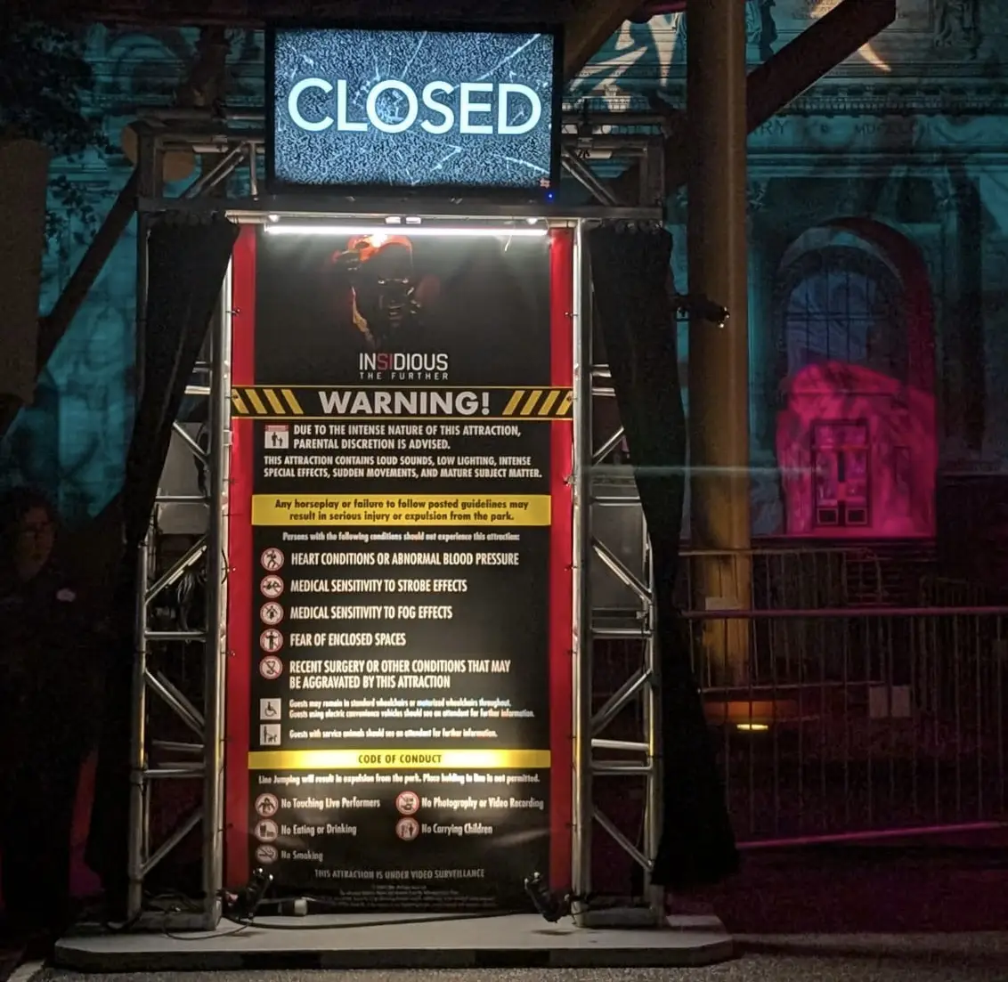 A haunted house entrance at Halloween Horror Nights at Universal Studios Florida, where self-parking is charged all night on event nights. - Favorite Grampy Travels