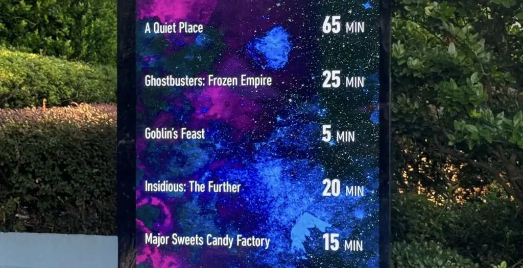 a Colorful Digital Sign at Universal Orlando Resort Shows Wait Times for Attractions: a Quiet Place 65 Min, Ghostbusters: Frozen Empire 25 Min, Goblins Feast 5 Min, Insidious: the Further 20 Min, Major Sweets Candy Factory 15 Min. Express Pass Available. - Favorite Grampy Travels - Favorite Grampy Travels 2026