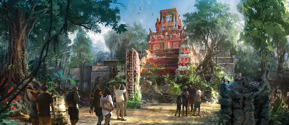 Visitors Explore a Lush Jungle in Disney’s Animal Kingdom, Where Ancient Ruins and a Red Stone Temple Stand at the Heart of the Tropical Americas, Surrounded by Towering Trees, Dense Foliage, and Scattered Stone Structures Under a Bright, Clear Sky. - Favorite Grampy Travels - Favorite Grampy Travels 2026