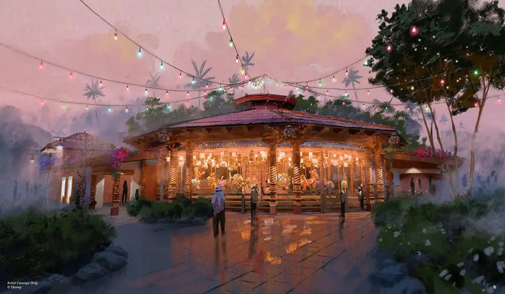 a Vibrant Carousel Pavilion Glows with Warm Lights at Dusk in Disney’s Animal Kingdom, Surrounded by Lush Greenery, Palm Trees, and Hints of the Tropical Americas. String Lights Hang Overhead As People Stroll Through the Festive, Inviting Scene. - Favorite Grampy Travels - Favorite Grampy Travels 2026