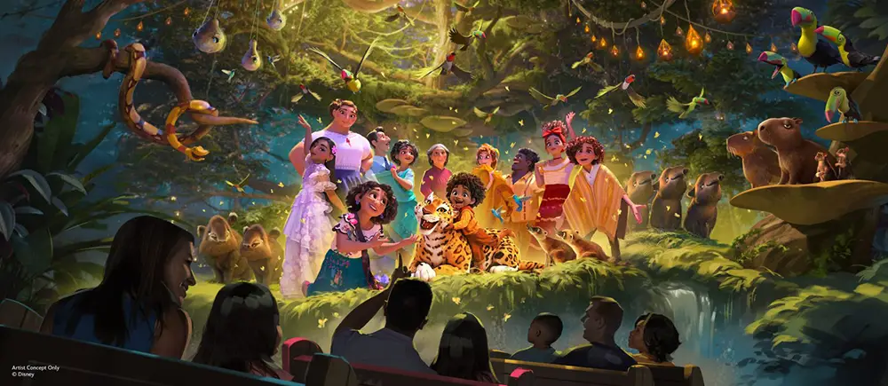 Animated Scene of the Madrigal Family from Disney’s Encanto Standing Together in a Magical Forest Inspired by the Tropical Americas, Glowing Lights and Animals All Around, While People Watch from Seats in the Animal Kingdom-themed Foreground. - Favorite Grampy Travels - Favorite Grampy Travels 2026