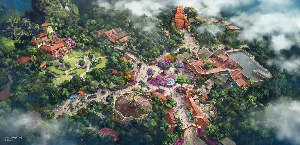 a Colorful Aerial Illustration Shows a Lush, Tropical Theme Park Inspired by Disney’s Animal Kingdom, with Winding Paths, Dense Greenery, Vibrant Flowers, and Diverse Architecture—evoking the Vibrant Spirit of the Tropical Americas Amid Misty Clouds. - Favorite Grampy Travels - Favorite Grampy Travels 2026
