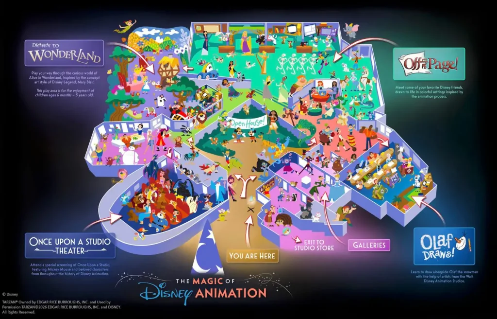 Map Colorful Illustrated Map of “the Magic of Disney Animation” with Themed Zones, Including Wonderland, Galleries, Studio Store, and Interactive Activities. Arrows Point to Key Areas; “you Are Here” is Marked Near the Center. the Location is the Animation Courtyard at Disney - Favorite Grampy Travels 2026's Hollywood Studios in Walt Disney World - Favorite Grampy Travels