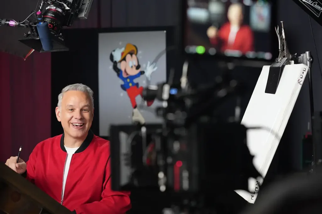 a Man in a Red Jacket Smiles While Sitting at a Drawing Desk, Surrounded by Cameras and Equipment. Behind Him is a Colorful Illustration of Disney’s Mickey Mouse Dressed As the Sorcerer’s Apprentice. the Location is the Animation Courtyard at Disney - Favorite Grampy Travels 2026's Hollywood Studios in Walt Disney World - Favorite Grampy Travels