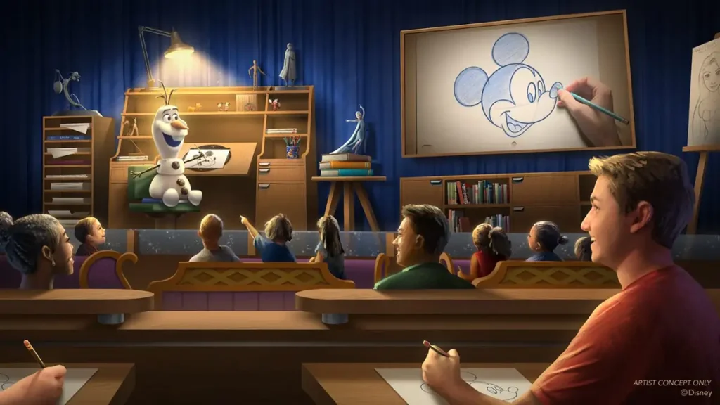 an Animated Classroom Scene Shows People Sketching As Olaf the Snowman Poses Onstage. a Large Screen Displays Someone Drawing Mickey Mouse. Disney Character Models Are on Shelves Behind Olaf. the Audience Watches and Draws Along. the Location is the Animation Courtyard at Disney - Favorite Grampy Travels 2026's Hollywood Studios in Walt Disney World- Favorite Grampy Travels