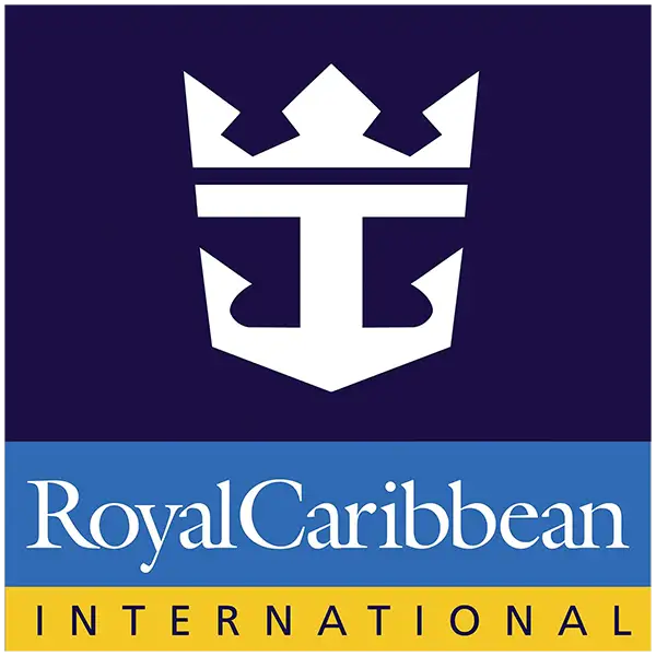 Royal Caribbean International logo featuring a white crown and anchor symbol on a navy background, with Royal Caribbean written below in white on blue, and International in black on a yellow stripe. - Favorite Grampy Travels