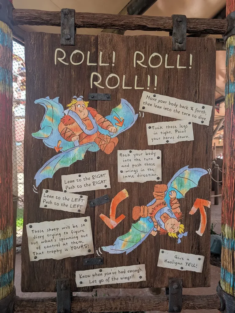 a Wooden Sign with Cartoon Instructions for Riding a Flying Attraction, Showing a Character on a Winged Vehicle. Arrows and Tips Explain How to Lean, Rock, and Steer for More Control While Riding. - Favorite Grampy Travels - Favorite Grampy Travels 2026