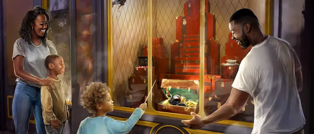 a Family of Four Smiles As They Look into a Shop Window Displaying a Magical Chest with Glowing Items Inside. a Young Child Points a Wand at the Chest While an Adult Holds the Window Open. - Favorite Grampy Travels - Favorite Grampy Travels 2026