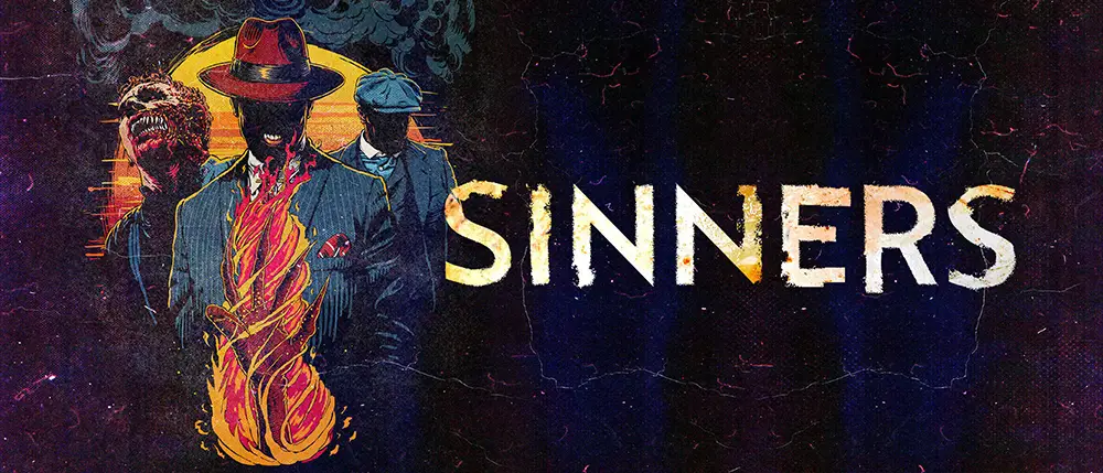 Three Men in Vintage Suits and Hats Stand Before an Orange Sun, Fiery Colors Swirling on the Front Man's Suit. the Word Sinners Appears Boldly to the Right, Evoking House Vibes from Universal Orlando's Halloween Horror Nights. - Favorite Grampy Travels - Favorite Grampy Travels 2026