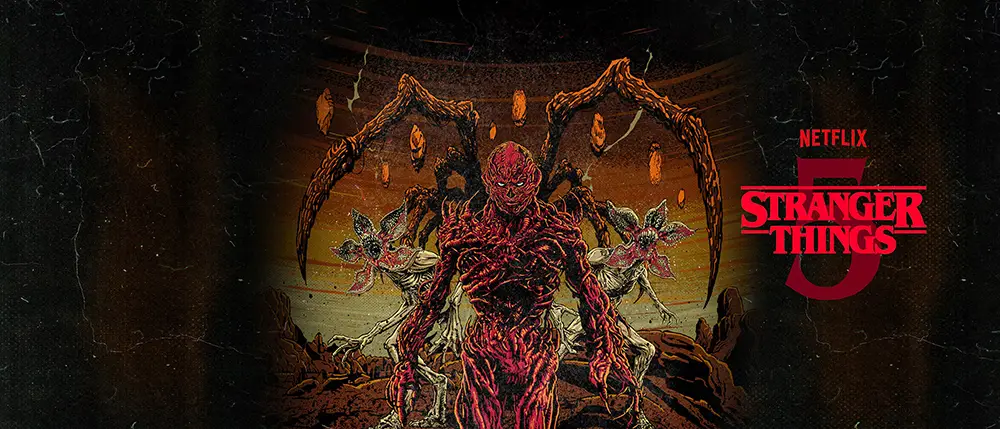 a Monstrous Creature with Red, Muscle-like Skin and Multiple Limbs Stands in a Dark, Eerie Landscape As Lanterns Float Above. the Netflix Stranger Things 5 Logo Glows on the Right, Perfect for a Halloween Horror Nights House at Universal Orlando. - Favorite Grampy Travels - Favorite Grampy Travels 2026