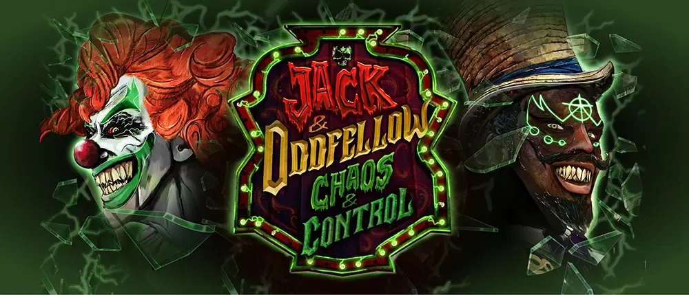 Two Sinister Figures, a Creepy Clown and a Grinning Man in a Top Hat, Flank a Neon-lit Sign Reading Jack & Oddfellow: Chaos & Control, Hinting at a House of Mayhem for Universal Orlando's Halloween Horror Nights Amidst Green Electricity and Shattered Glass. - Favorite Grampy Travels - Favorite Grampy Travels 2026