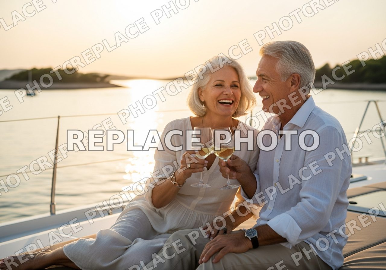 Couple in their seventies toasting at sunset on a yacht deck (placeholder image)