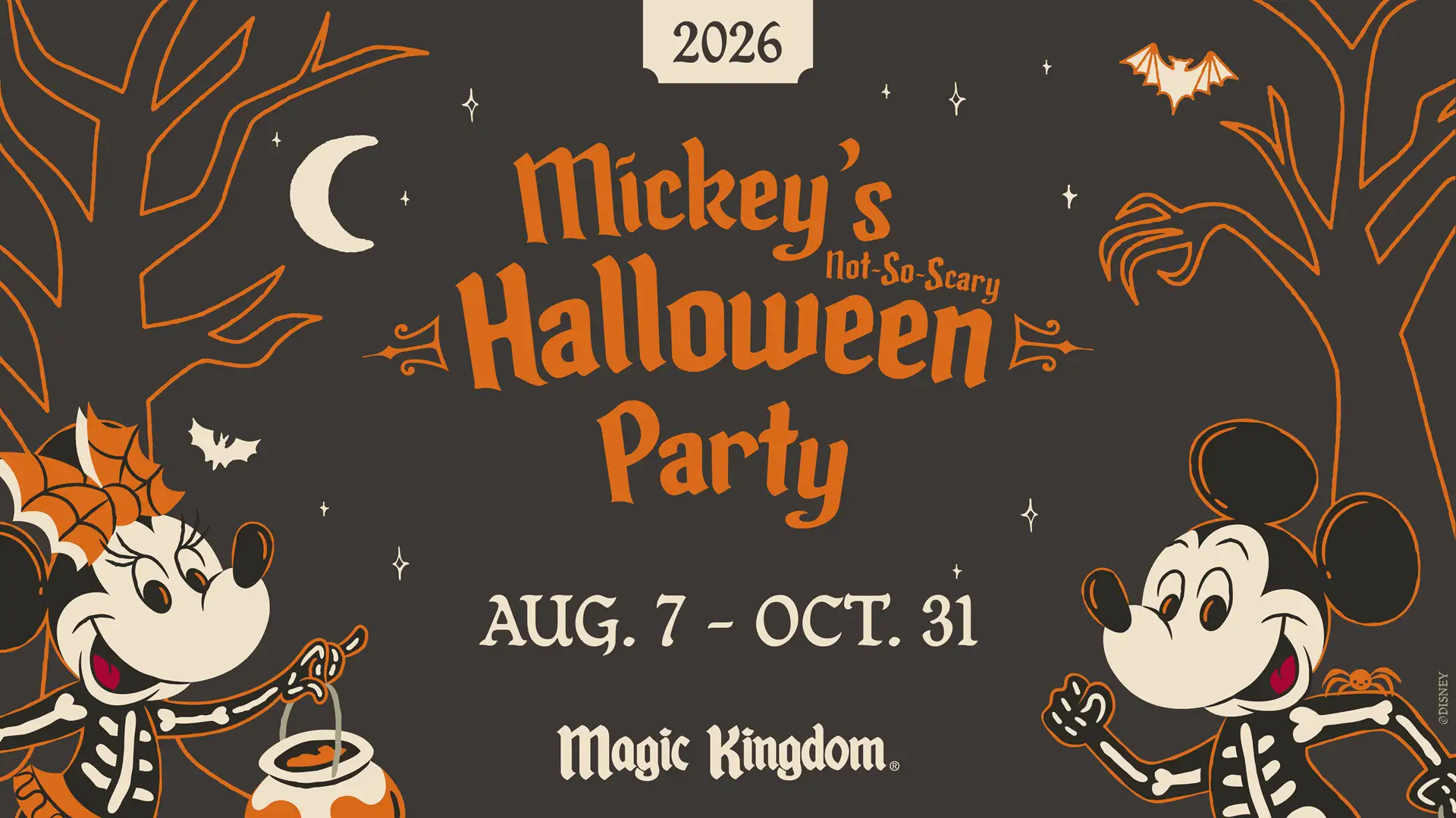 Mickeys-not-so-scary-halloween-party-2026-dates-tickets - Favorite Grampy Travels Halloween Party Poster with Mickey Mouse and a Skeleton in Costumes, Bats, Pumpkins, and Spooky Decorations. Text Reads: Mickey’s Not-so-scary Halloween Party, Aug. 7 – Oct. 31, 2026, Magic Kingdom. - Favorite Grampy Travels - Favorite Grampy Travels 2026