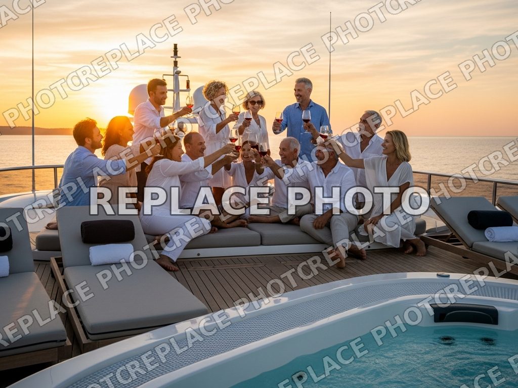 Family and friends raising glasses at sunset on a yacht sun deck (placeholder image)