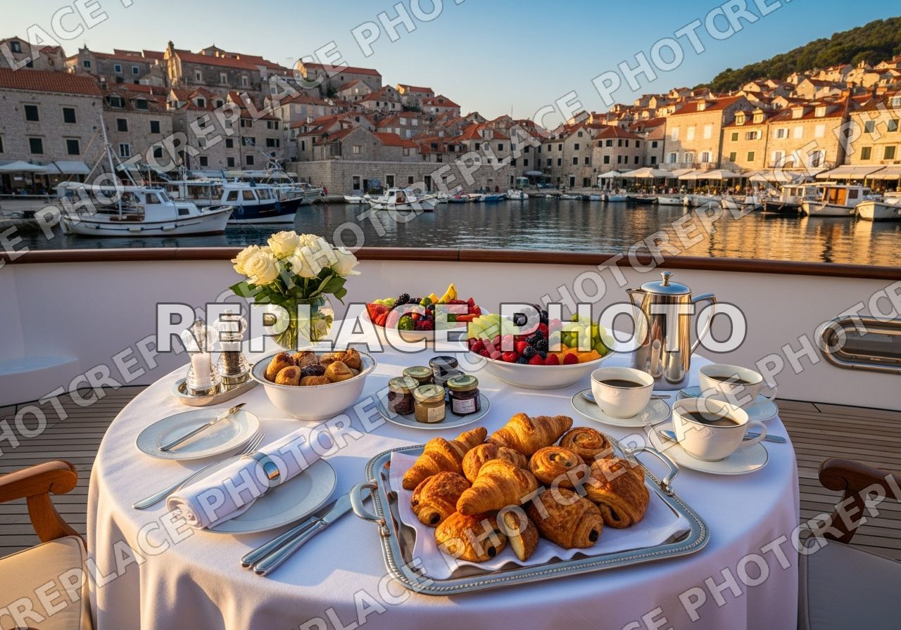 Breakfast table on a yacht deck overlooking a Croatian harbor (placeholder image)