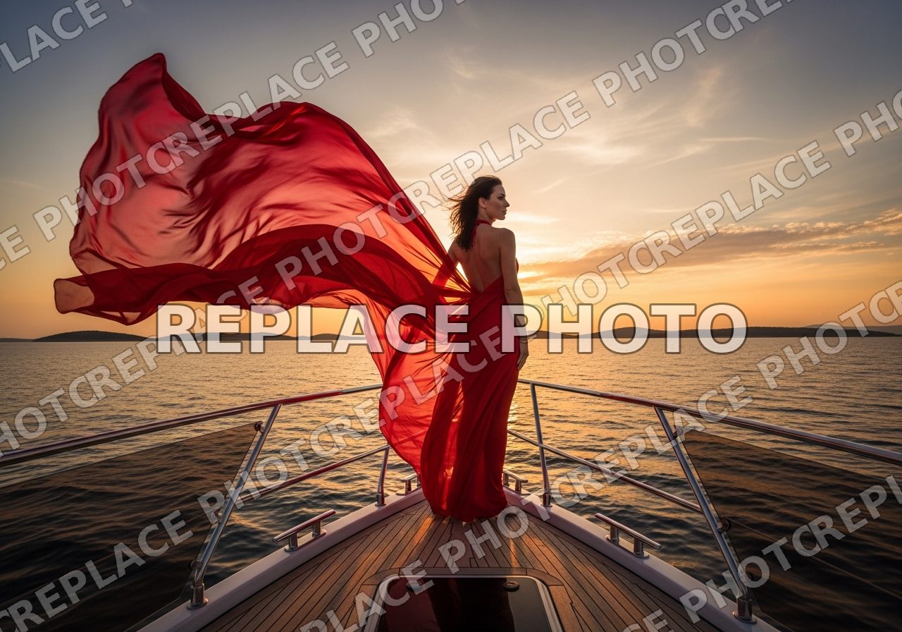 Woman in a flowing red flying dress on a yacht bow at sunset (placeholder image)