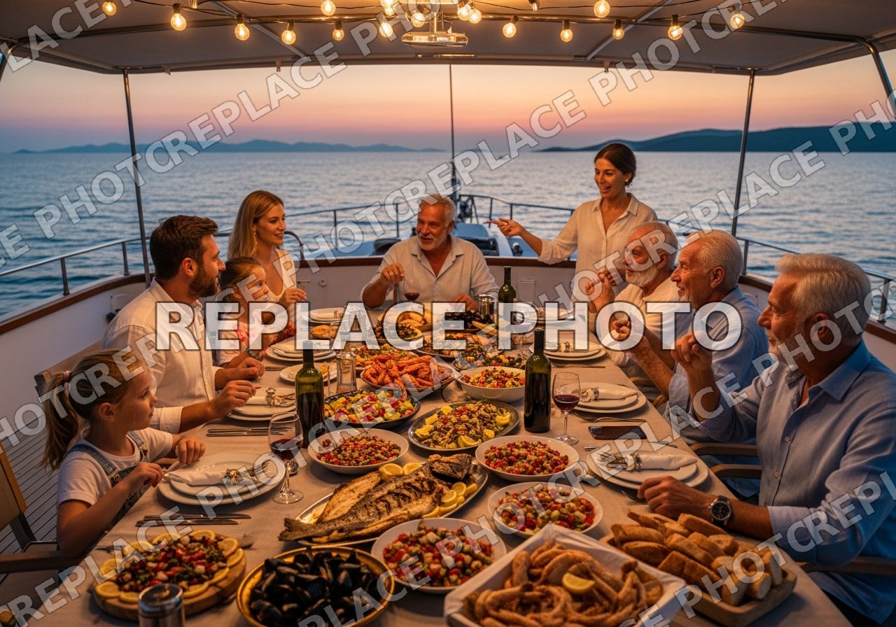 Family sharing dinner on a yacht deck at dusk (placeholder image)