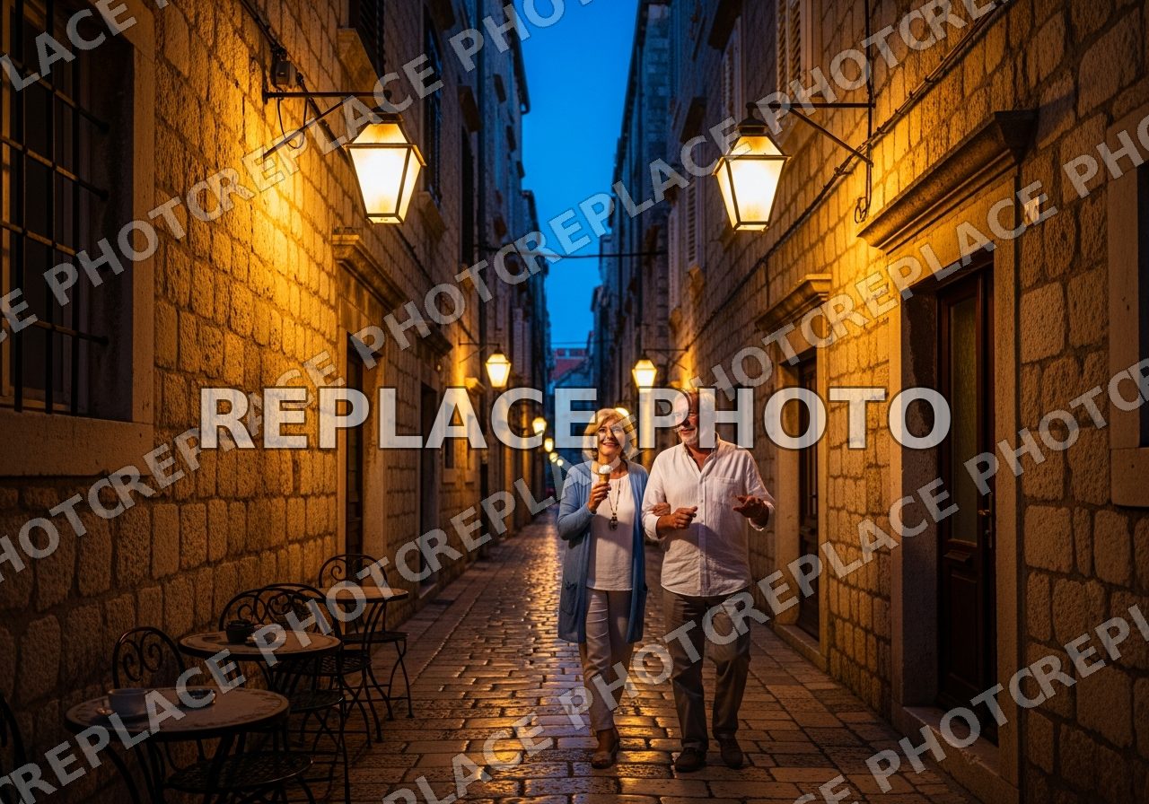 Couple strolling an ancient Croatian stone street at dusk (placeholder image)
