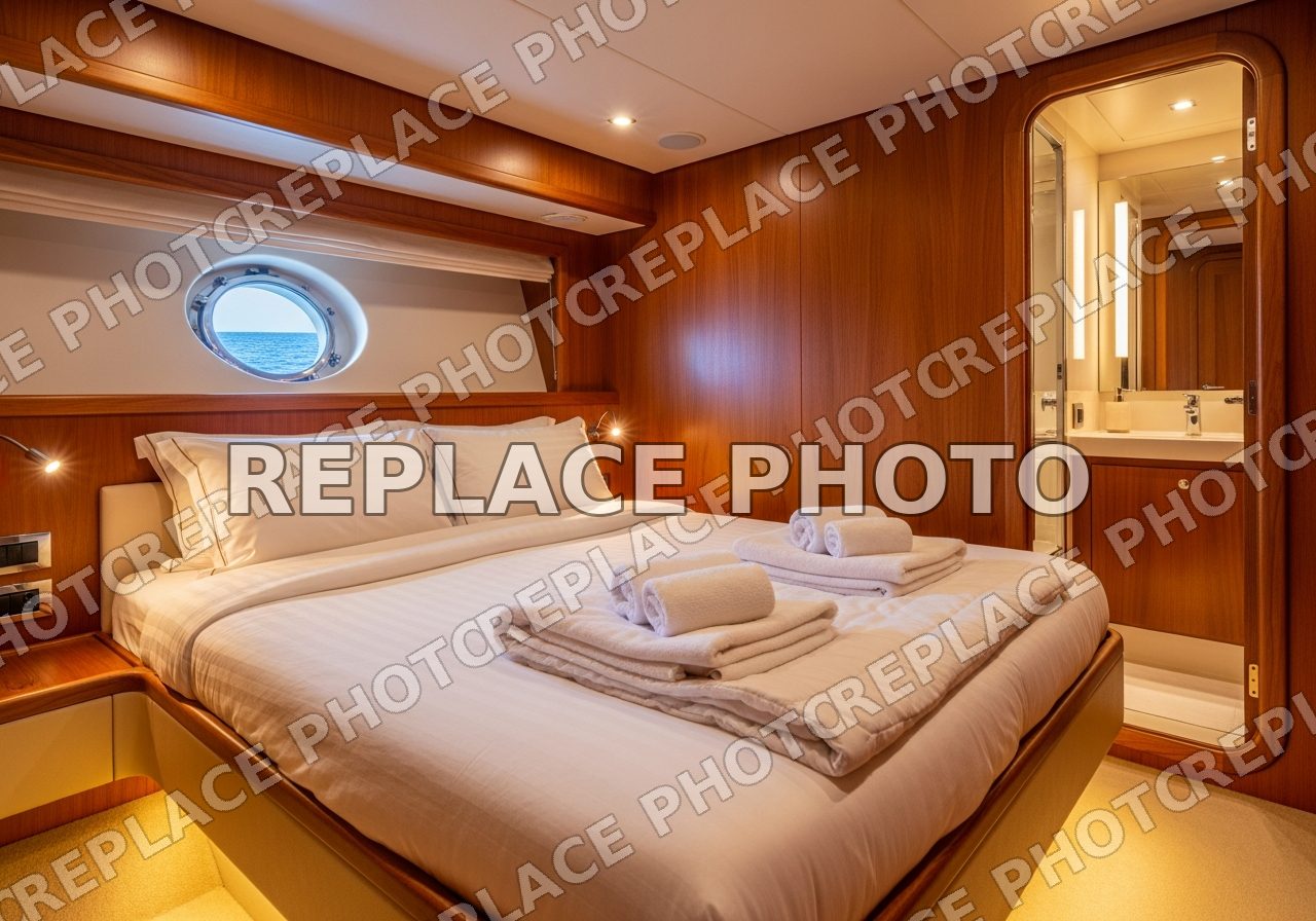 Warm wooden yacht guest cabin with double bed and ensuite (placeholder image)