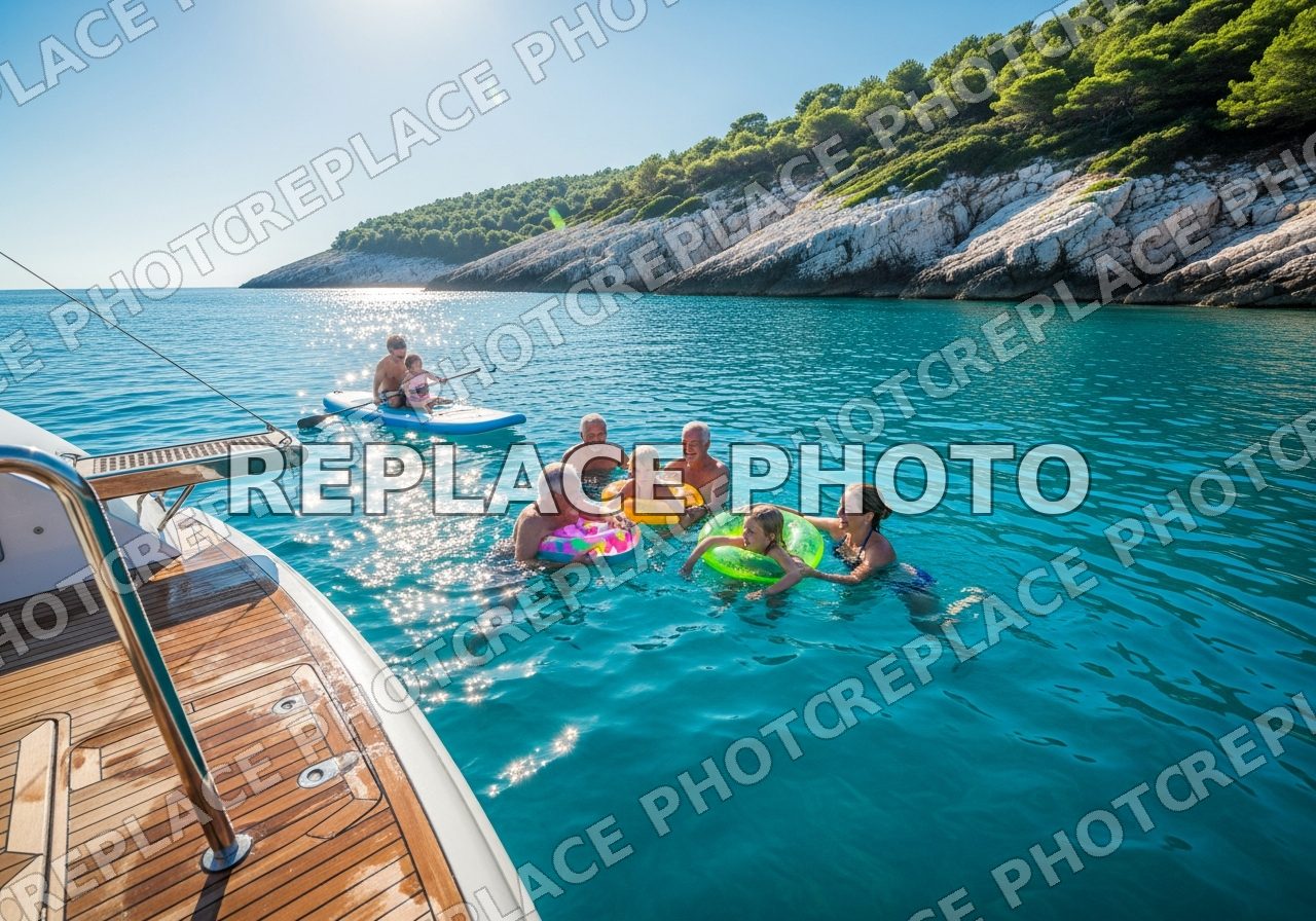 Family swimming in clear Adriatic water beside a yacht swim platform (placeholder image)