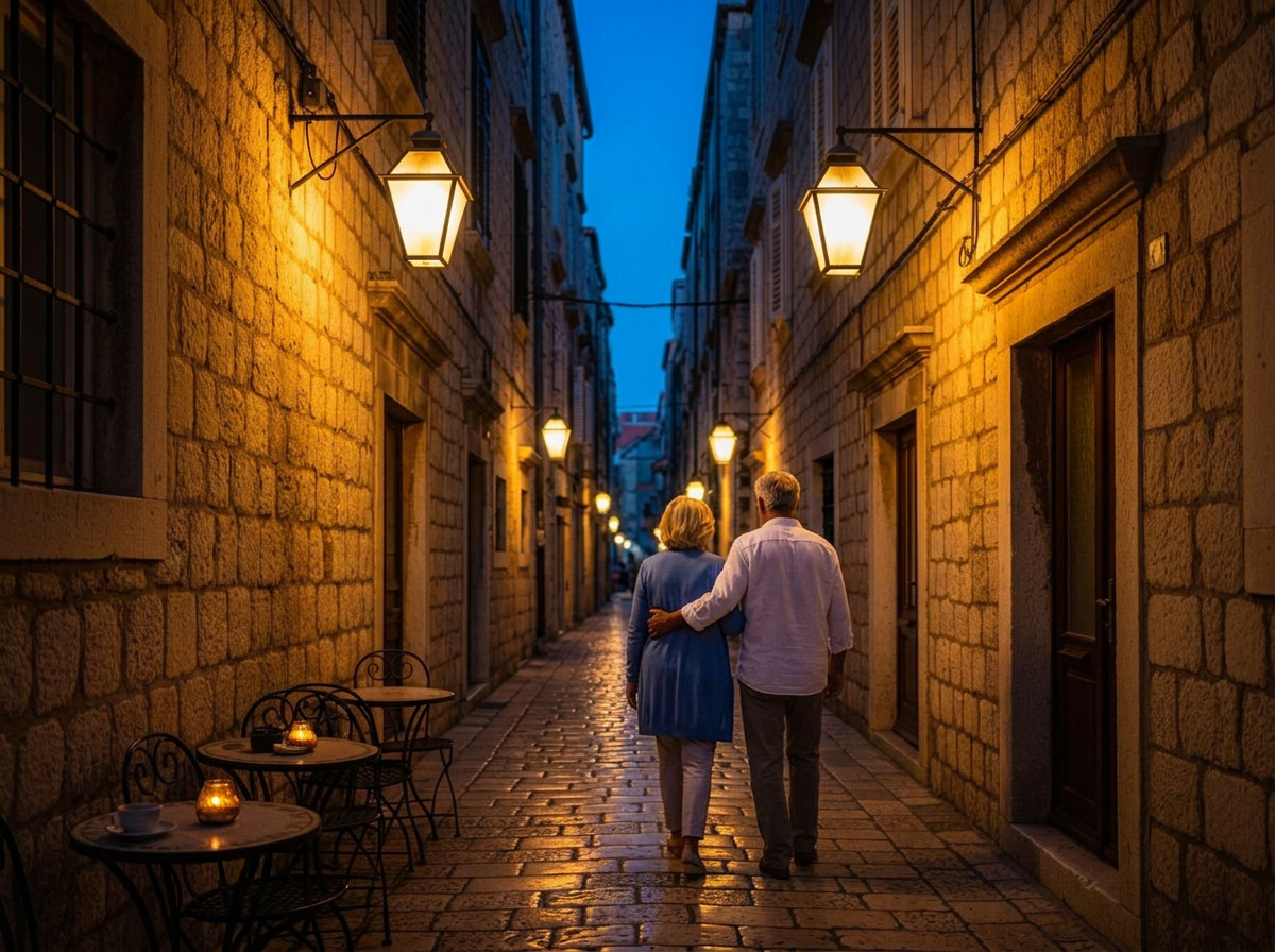 A narrow cobbled limestone lane in a medieval Dalmatian old town at blue hour, with warm lamps and small cafe tables