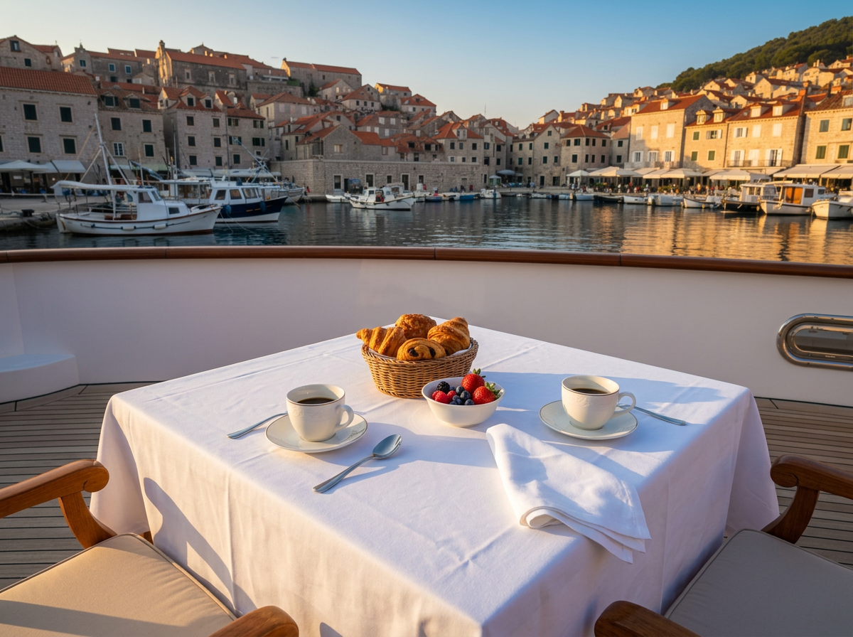 Coffee, pastries and fruit set for breakfast on the teak deck of a yacht at sunrise, overlooking a Croatian stone harbor town