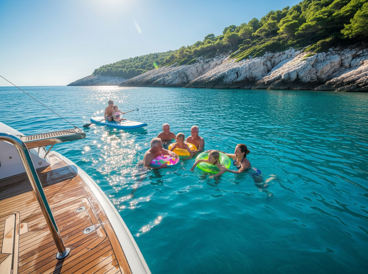Guests swimming in clear turquoise water off the swim platform of a luxury yacht anchored in a quiet Croatian cove